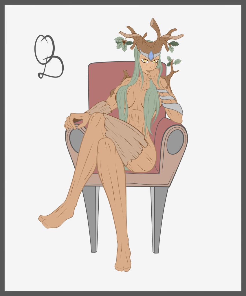 armchair bracelet breasts crown diadem dryad female green_hair humanoid leaf_crown naked oracle_dominus original_character sitting thinking wooden_body