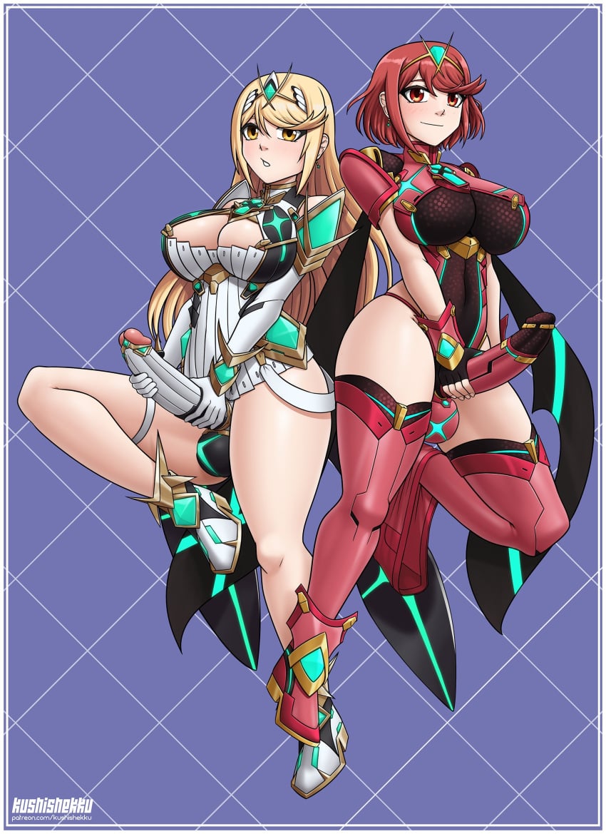 2futas absurdres armor artist_name balls bare_shoulders big_breasts black_gloves blonde_hair blush breasts cleavage closed_mouth clothed clothing clothing_cutout cock_sleeve dress duo earrings elbow_gloves erection eyelashes fingerless_gloves full_body futa_only futanari gem gloves hair_ornament hairband headpiece highres huge_cock human jewelry kushishekku large_breasts large_penis leotardpiercing light-skinned_futanari light_skin long_hair masturbation mostly_clothed mythra_(xenoblade) penis pyra_(xenoblade) red_eyes red_footwear red_hair red_shorts red_thighhighs shoes short_hair short_shorts short_sleeves shorts side_cutout sidelocks skindentation smile swept_bangs testicles thighhighs tiara turtleneck two-handed_masturbation underbust vambraces very_long_hair white_dress xenoblade_(series) xenoblade_chronicles_2 yellow_eyes