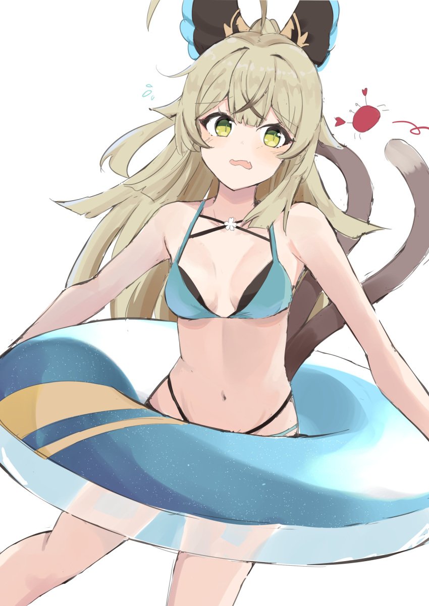 1girls 2d 2d_(artwork) alternate_costume belly_button bikini bikini_bottom bikini_top bra cat_tail catgirl female female_focus female_only front_view genshin_impact green_eyes high_resolution highres kirara_(genshin_impact) light-skinned_female light_skin long_hair looking_at_viewer multi-strapped_bikini navel simple_background slim_girl solo solo_female solo_focus standing swimsuit thong thong_bikini two_piece_swimsuit white_background young younger_female