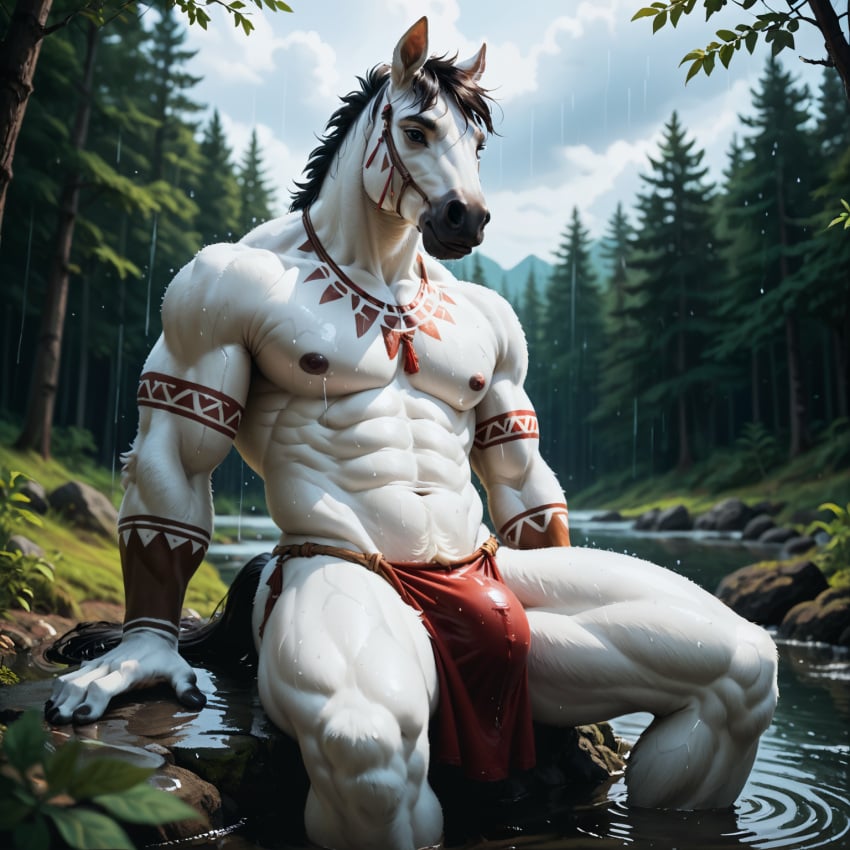 ai_generated anthro bottomwear bulge clothing director_homer_26 forest furry furry_male furry_only hi_res loincloth male male_only markings muscular muscular_anthro muscular_male muscular_thighs plant river solo tattoo tree tribal tribal_markings tribal_tattoo wet white_body