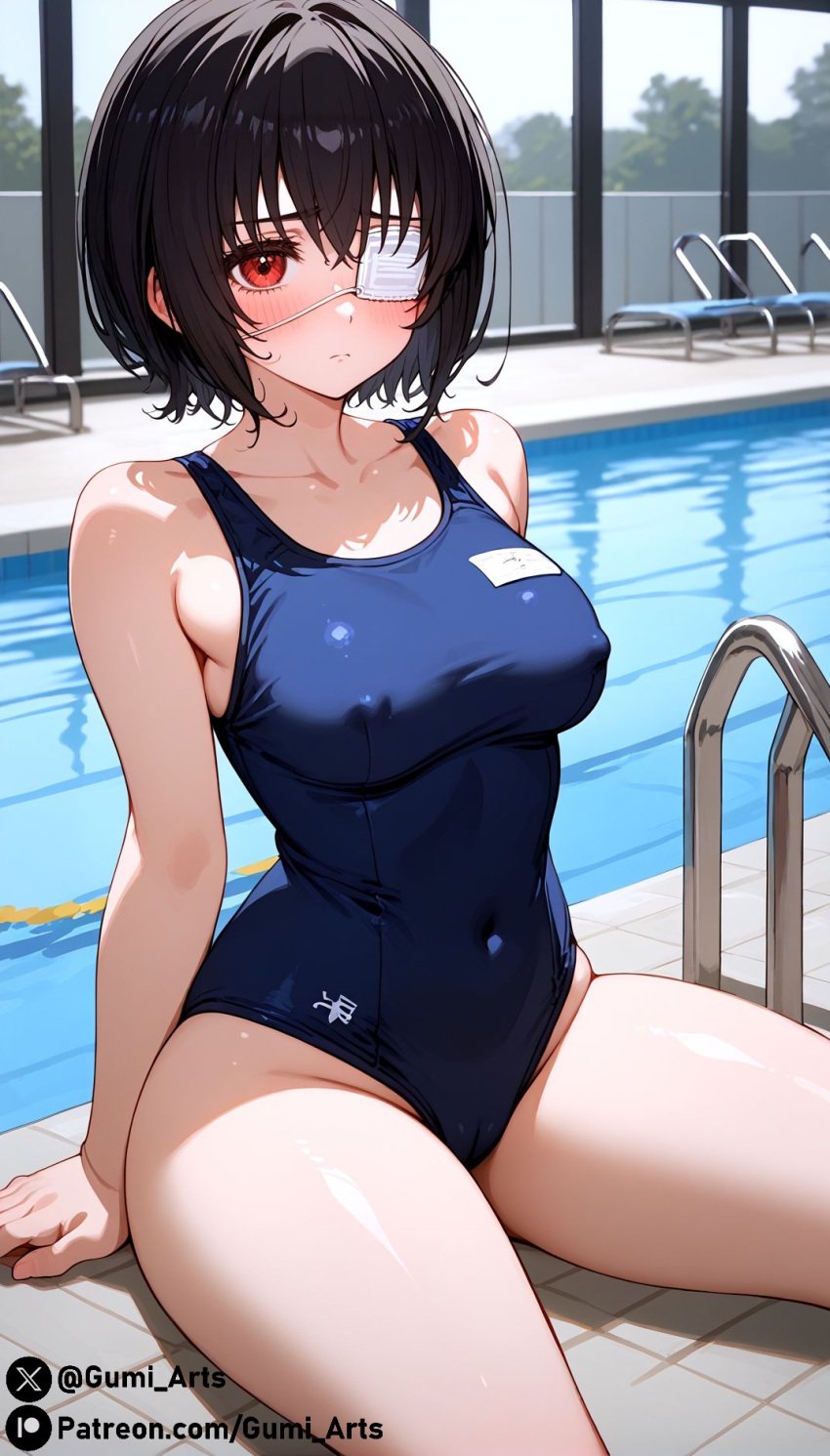 ai_generated another black_hair blush covered_nipples covered_pussy gumi_arts looking_at_viewer medical_eyepatch medium_breasts misaki_mei pool red_eyes school_swimsuit short_hair sitting stable_diffusion swimsuit thick_thighs water