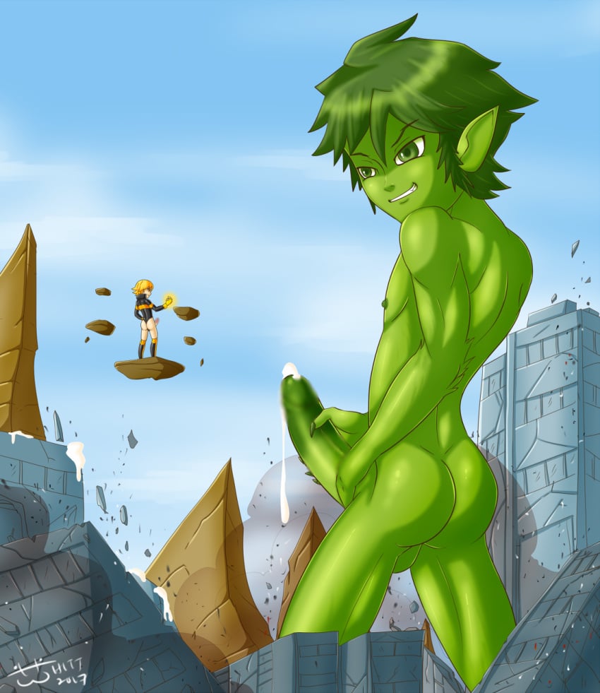 1boy 1girls ass beast_boy cum cum_drip dc dc_comics erection female giant green_skin macro male male_focus nude penis teen_titans terra terra_(dc) whitt