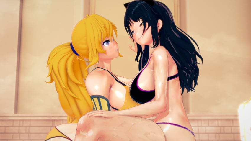 2girls bikini bikini_bottom bikini_top black_hair black_hair_female blake_belladonna blonde_female blonde_hair canon_couple multiple_girls purple_eyes robotic_arm rwby stormstriker wet_body yang_xiao_long yellow_eyes