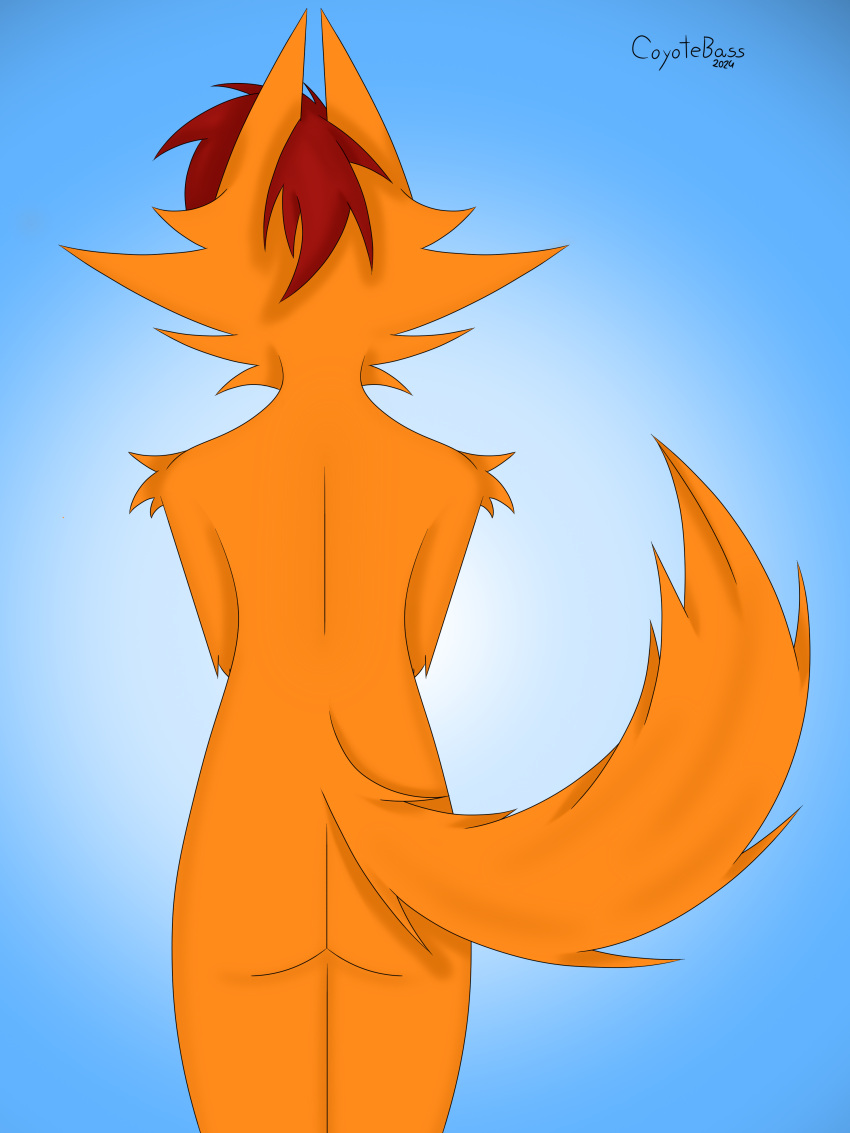 absurd_res anthro arm_tuft ass big_butt canid canine canis coyote coyotebass digital_media_(artwork) elbow_tuft female fluffy fluffy_tail fur hair hi_res mammal nude orange_body red_hair shoulder_tuft simple_background solo tail thick_thighs tuft xanny_(coyotebass)