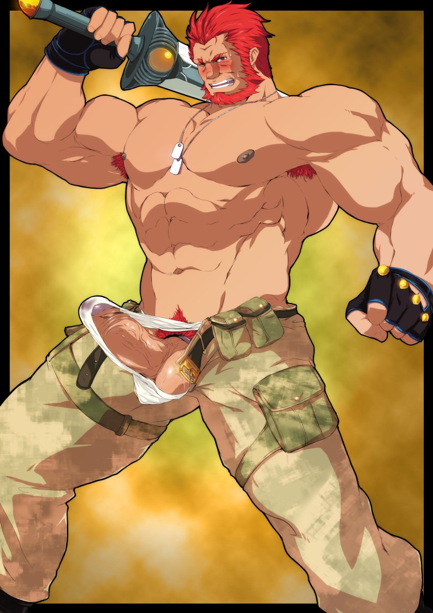 armpit_hair balls bara beard big_balls big_penis blush boner bulge bulge_through_clothing clothing cock_ring erection erection_under_clothes fate/zero fate_(series) iskandar_(fate) kito_(clamp5656) male male_nipples male_only male_pubic_hair manly mature_male muscular_male nipples penis penis_outline red_hair solo solo_male underwear