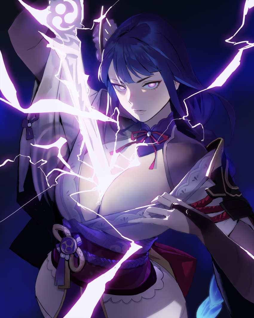 1female 1girls 1woman angry angry_expression big_breasts breasts clothed clothed_female dhk female female_focus genshin_impact light-skinned_female light_skin lightning magic magic_user magic_weapon purple_eyes purple_hair raiden_shogun showing_breasts showing_off solo solo_female sword tagme weapon