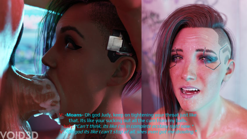 1futa 1girls 3d blender blowjob cyberpunk_2077 dialogue english_text female futa_on_female futanari judy_alvarez mouth_full_of_cock nsfw text v_(cyberpunk_2077) valerie_(cyberpunk_2077) void3d