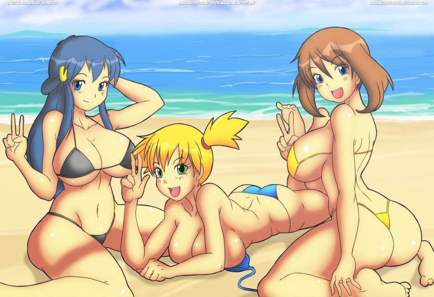 3girls ass back beach belly big_ass big_breasts bikini blonde_hair blue_eyes blue_hair blue_sky bra breasts brown_hair chest cleavage clouds dawn_(pokemon) elbow elbows eyebrows eyelashes feet female female_only fingers gesture green_eyes hairclip huge_ass huge_breasts human human_only kasumi_(pokemon) large_breasts legs long_hair looking_at_viewer may_(pokemon) misty_(pokemon) multiple_girls navel neck ocean open_mouth orange_hair panties pokemon ponytail pose posing sand sea shoulders sideboob sky skyraptor smile stomach thighs thong tied_hair tongue topless v
