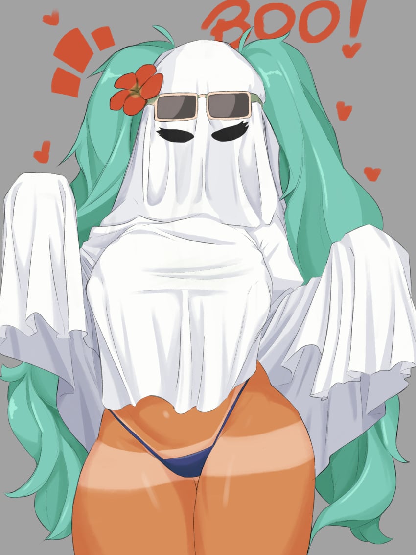 blanket blue_hair brazilian_miku confusedsabron costume flower_in_hair ghost ghost_costume hatsune_miku highleg_panties sunglasses sunglasses_on_head tan_body tanline twintails vocaloid