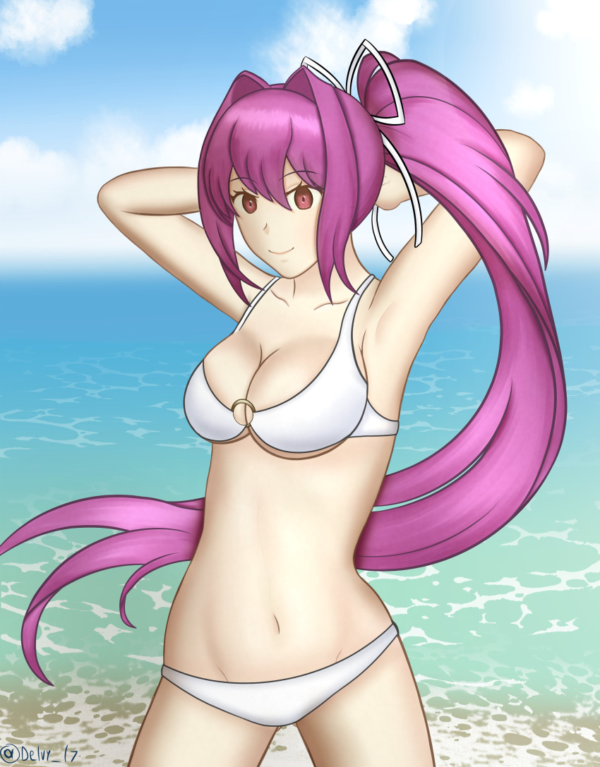 1girls armpits arms_behind_head artist_name beach big_breasts bikini breasts busty cleavage delvy_17 female female_only hair_ribbon highres large_breasts long_hair looking_at_viewer navel o-ring o-ring_bikini ocean ponytail purple_hair red_eyes ribbon smile swimsuit under_night_in-birth very_long_hair water white_bikini yuzuriha_(under_night_in-birth)