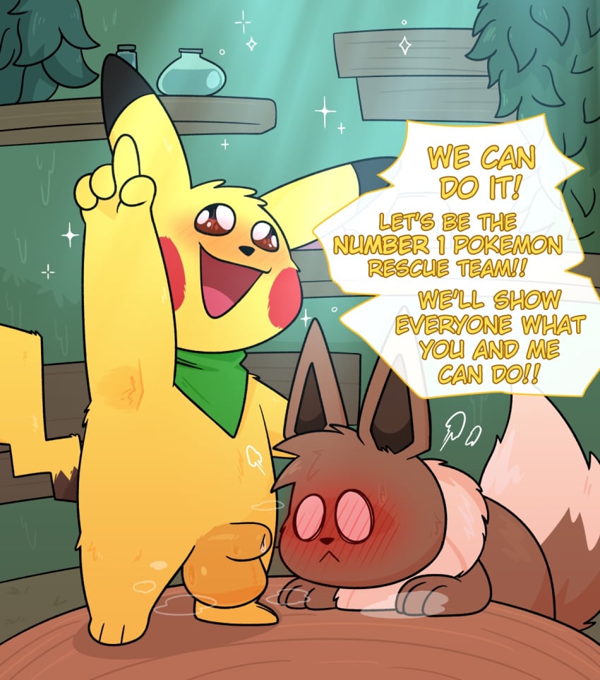 2boys animal_genitalia balls blush blushing_profusely bodily_fluids brown_body brown_fur crushpepper eevee fur generation_1_pokemon genital_fluids genitals hi_res male musk musky_balls nintendo pikachu pokemon pokemon_(species) precum scarf sheath smile sparkles starry_eyes tagme yellow_body yellow_fur