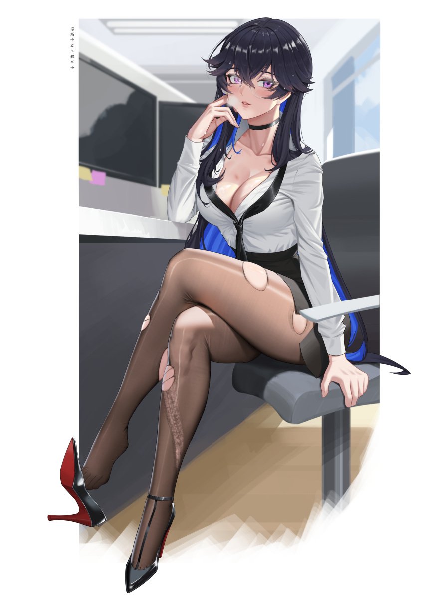 1girls black_hair blue_hair blush choker cleavage computer crossed_legs dress feet full_body lipstick office_chair office_clothing office_lady pantyhose punishing:_gray_raven purple_eyes secretary selena_(punishing:_gray_raven) solo sweat thick_thighs tie torn_clothes torn_pantyhose