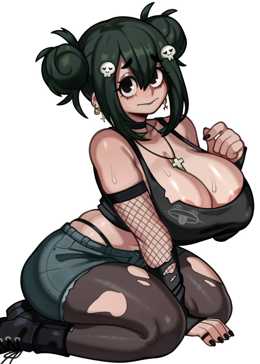 1girls 2024 big_breasts black_eyes black_nails black_tank_top boots breasts cleavage cross_necklace female female_focus female_only goth goth_girl green_hair melonpuff my_hero_academia nipple_peek nipples painted_fingernails painted_nails ripped_leggings shorts tank_top thick_thighs thighs tied_hair tsuyu_asui white_background