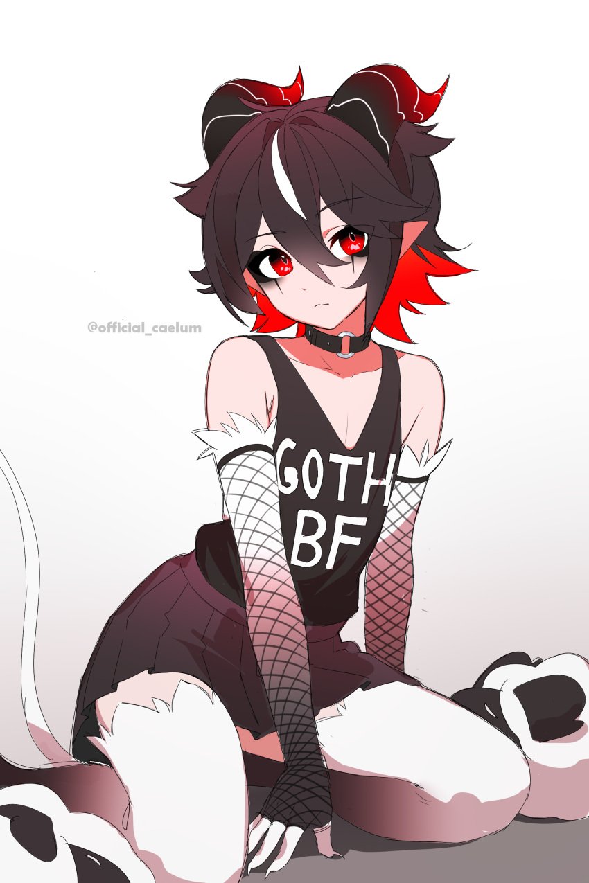 2d 2d_(artwork) black_hair caelum(vtuber) caelum_vt cute emo femboy feminine_male goth goth_boy horns humanoid indie_virtual_youtuber male_only monster_boy pets prince red_eyes red_hair satyr sheep skirt tagme tail two_colored_hair virtual_youtuber vtuber vtubers