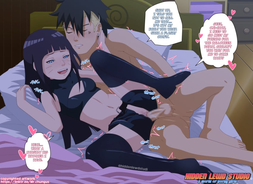 1boy 1girls age_difference blue_eyes boruto:_two_blue_vortex brother_and_sister censored censored_penis closed_eyes completely_nude_male cum_inside dialogue female_penetrated kawaki male/female moaning mrchungus naruto naruto_(series) on_bed open_mouth shounen_jump straight teeth_showing text_bubble uzumaki_himawari vaginal_penetration