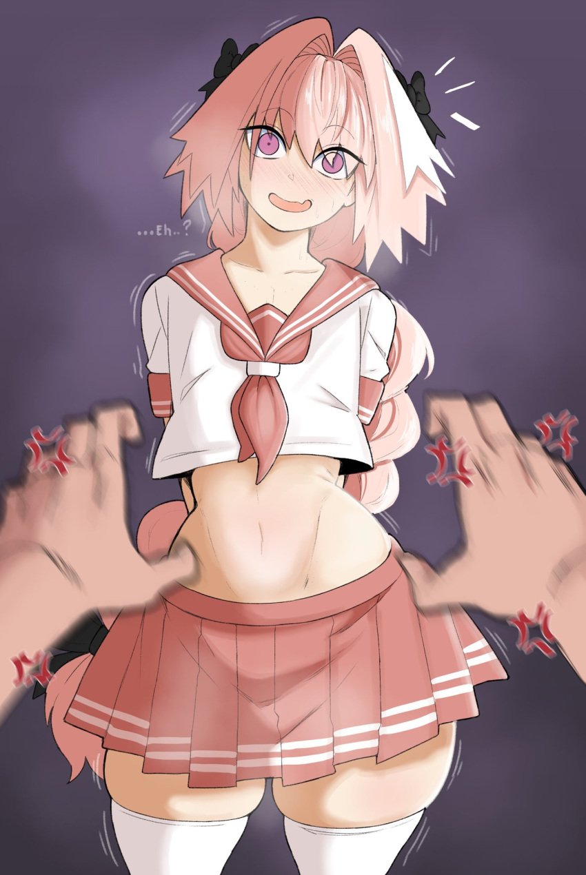 1femboy 2boys anger_vein astolfo_(fate) braid braided_hair clothed cross-popping_vein crossdressing fate/grand_order fate_(series) femboy femboy_focus hips human human_only light-skinned_female light_skin male male_only midriff open_mouth pink_eyes pink_hair pov ribbon ribbons thick_thighs thighs vammzu