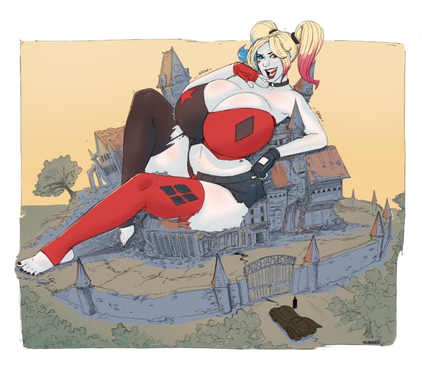 1girls batman batman_(series) batmobile berggie breasts dc dc_comics female giantess harley_quinn huge_breasts thighs