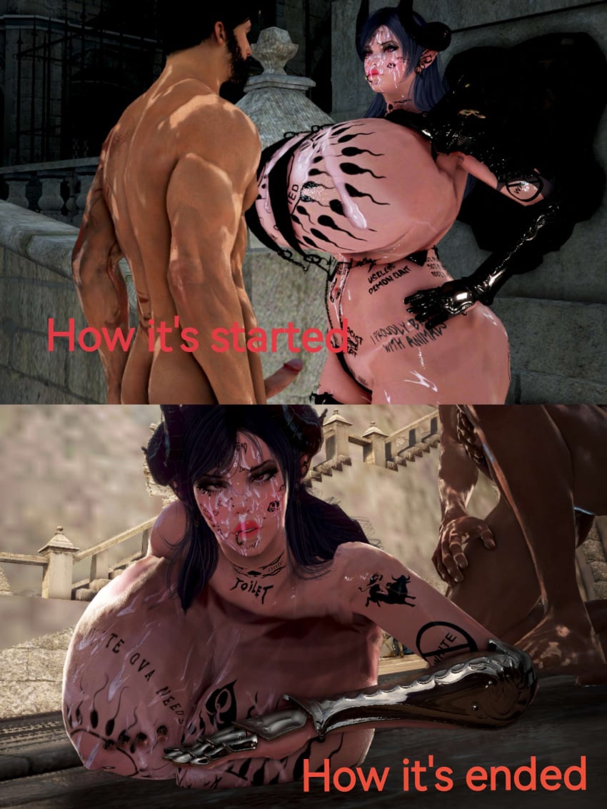 3d bdo bimbo black_desert_online body_writing cow_tits cumdumpster dark_elf degradation elf elves huge_breasts humiliation onahole qos queen_of_spades screenshot succubus succubus_horns tattoo tattoos udders video_game