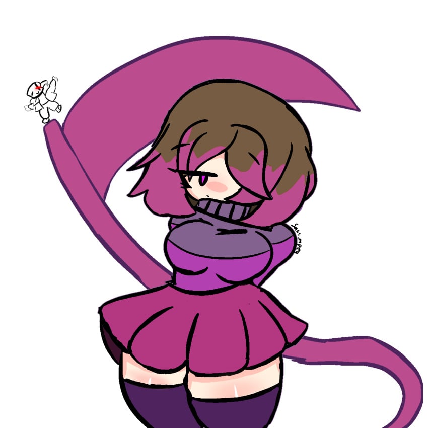 1girls 2d bete_noire big_breasts breasts female_only glitchtale light-skinned_female looking_at_viewer purple_eyes rebootedmp3g scythe skirt solo sweater tagme thick_thighs thighhighs undertale undertale_(series) undertale_au voluptuous