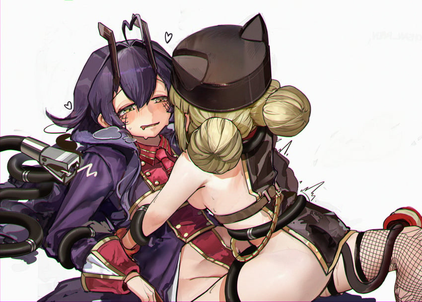 2girls absurdres ahoge alternate_costume araga_kiwi backboob black_hair blonde_hair breasts cowgirl_position double_bun drooling hair_bun hat hat_with_ears heart highres hiiragi_utena leopard_(mahou_shoujo_ni_akogarete) leoparde_(la_verita)_(mahou_shoujo_ni_akogarete) leoparde_(mahou_shoujo_ni_akogarete) looking_at_another magia_baiser magia_baiser_(la_verita) mahou_shoujo_ni_akogarete medium_breasts medium_hair military_uniform multiple_girls on_ground pussy_juice revealing_clothes shi_hong_cha_bu_hui_hua_hua simple_background white_background yellow_eyes yuri