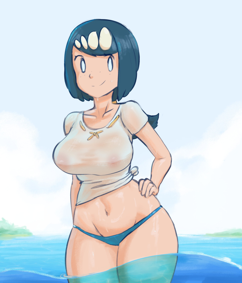 1girls areolae areolae_visible_through_clothing big_breasts blue_bikini_bottom blue_eyes blue_hair breasts busty confident female female_only game_freak hair hand_on_hip lana's_mother_(pokemon) large_breasts lickagoat mature mature_female mature_woman milf mother nipples_visible_through_clothing pokemon pokemon_sm shirt smile solo solo_female thighs wet_shirt white_shirt