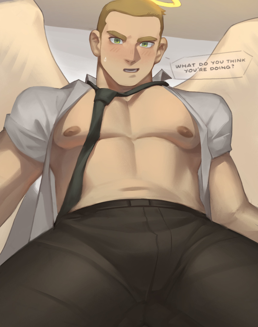 all_saints_street angel angel_wings bara blush clothing english_text ibarra_bara looking_at_viewer lynn_angel male male_nipples male_only muscular_male nipples text tight_clothing wan_sheng_jie