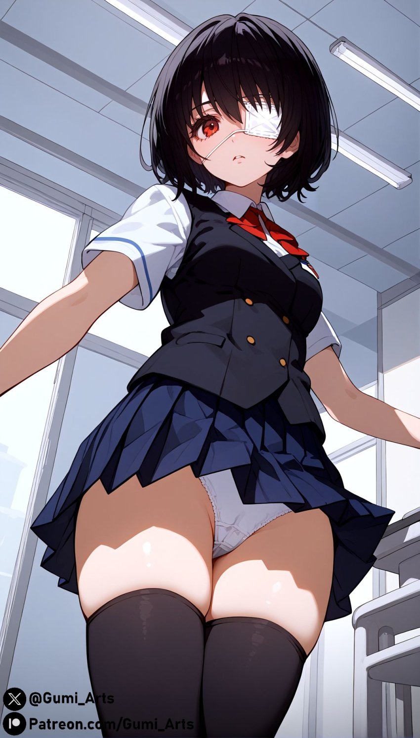 ai_generated another black_hair covered_pussy gumi_arts looking_down medical_eyepatch medium_breasts misaki_mei panties red_eyes school_uniform short_hair stable_diffusion thick_thighs thighhighs