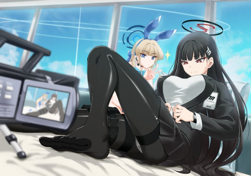 2girls animal_ears black_hair black_pantyhose blazer blonde_hair blue_archive blue_eyes blue_hair breasts camcorder fake_animal_ears hair_ornament hairclip halo highres jacket long_hair multiple_girls panties pantyhose penchivalry pleated_skirt rabbit_ears red_eyes ringed_eyes rio_(blue_archive) sitting skirt thighband_pantyhose toki_(blue_archive) toki_(bunny)_(blue_archive) underwear v video_camera watch white_panties wristwatch