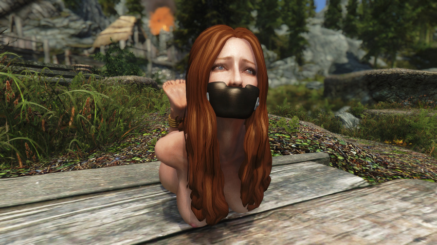 1girls 3d bondage gag gagged game_of_thrones hogtie m7seven nude nude_female red_hair sansa_stark skyrim