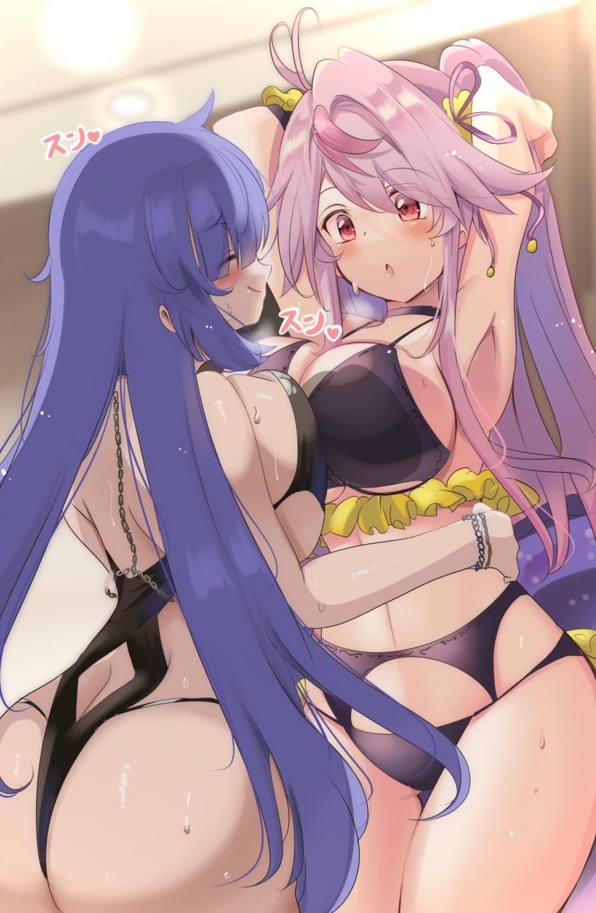 2girls absurdres ahoge armpits arms_behind_head ass asymmetrical_docking azur_lane bikini black_one-piece_swimsuit blue_hair breast_press breasts closed_eyes freaking_out grenville_(azur_lane) highres horny horny_female huge_ass huge_breasts large_breasts light-skinned_female light_skin long_hair mogador_(azur_lane) mogador_(locker_room_lechery)_(azur_lane) multiple_girls official_alternate_costume one-piece_swimsuit pink_hair presenting_armpit purple_hair red_eyes royal_navy_(azur_lane) swimsuit thick_ass tonchinkan torso_grab vichya_dominion_(azur_lane) yuri