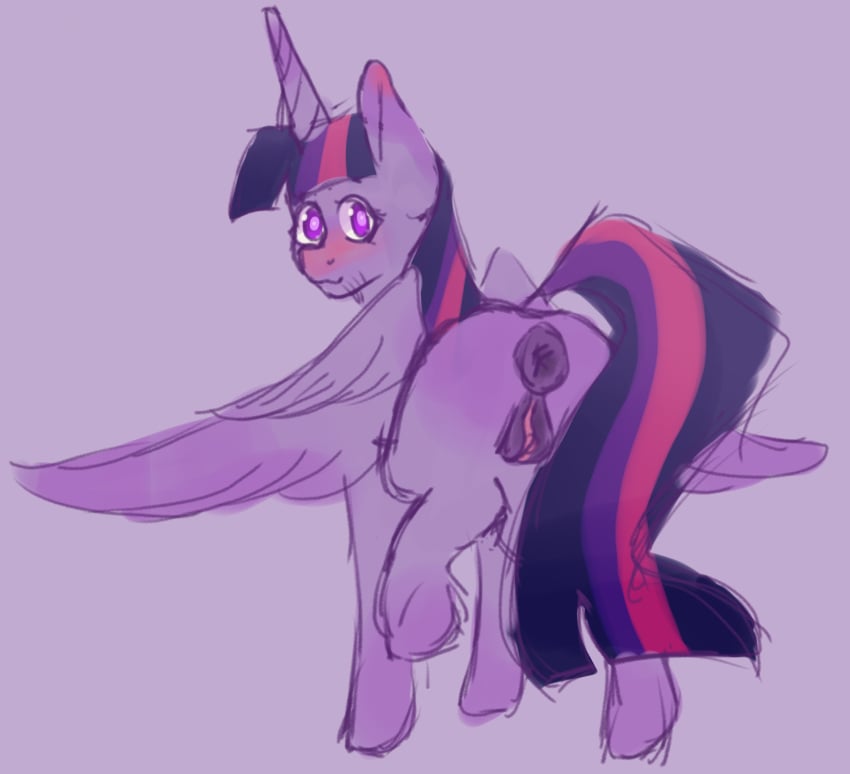 2024 _solar_sky_ alicorn animal_genitalia anus blue_hair blush dark_genitals horn horse looking_at_viewer looking_back multicolored_hair my_little_pony one_leg_up pony purple_eyes purple_skin showing_ass smiling smiling_at_viewer twilight_sparkle_(mlp) unicorn vagina wings