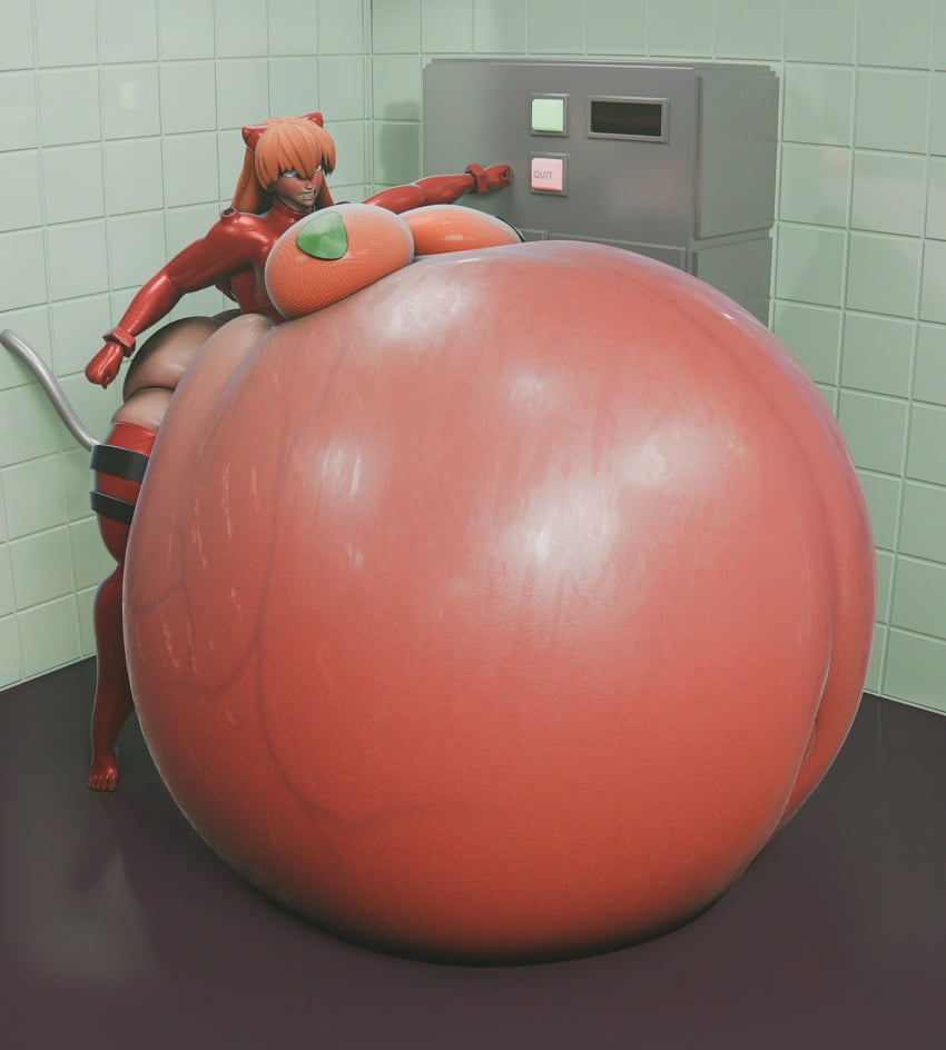 3d about_to_burst asuka_langley_sohryu big_breasts cghonk exposed_torso hyper_belly hyper_inflation inflation neon_genesis_evangelion red_hair skin_turning_red thick_thighs thighhighs veiny_belly