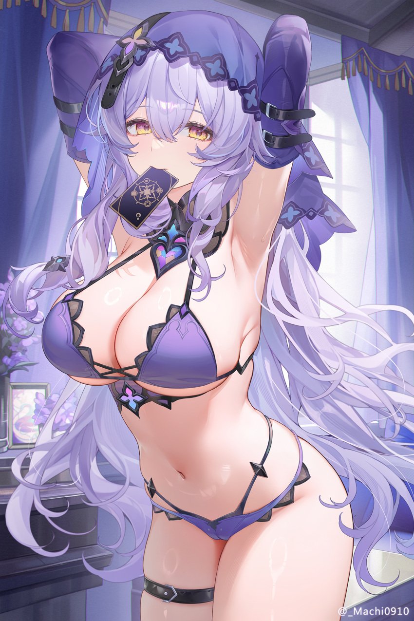 armpits arms_behind_head artist_name black_swan_(honkai:_star_rail) blush cameltoe card_in_mouth contrapposto cowboy_shot curtains half-closed_eyes honkai:_star_rail large_breasts lingerie machi_(7769) photo_frame shiny_skin thick_thighs thighs vase wide_hips