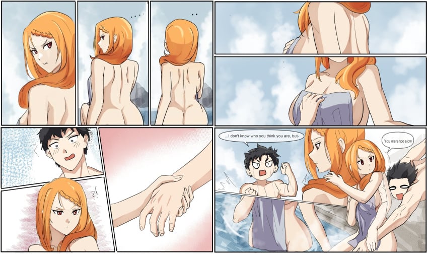 1boy 1girls _e_v_o_n_0 ass bath black_hair comic female male naked natsuki_subaru orange_hair priscilla_barielle re:zero_kara_hajimeru_isekai_seikatsu red_eyes tagme towel