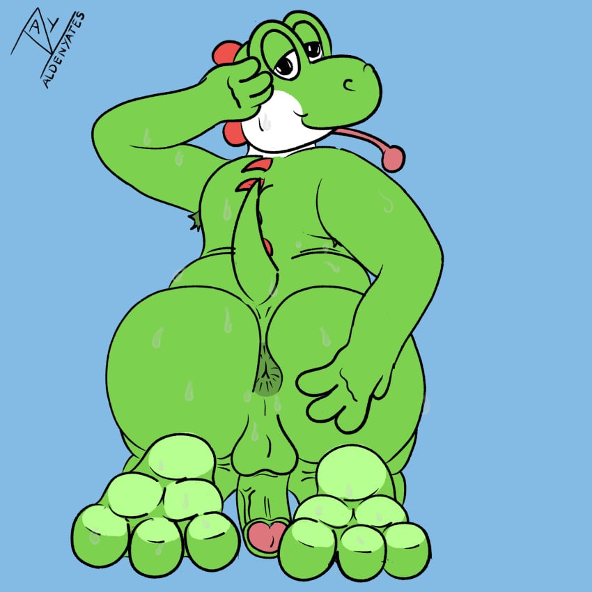 aldenyates anthro anus balls barefoot bodily_fluids dinosaur extinct feet foot_focus genitals hi_res looking_back male male_only mario_(series) nintendo overweight paws penis prehistoric_species presenting reptile scalie soles spreading sweat toes yoshi