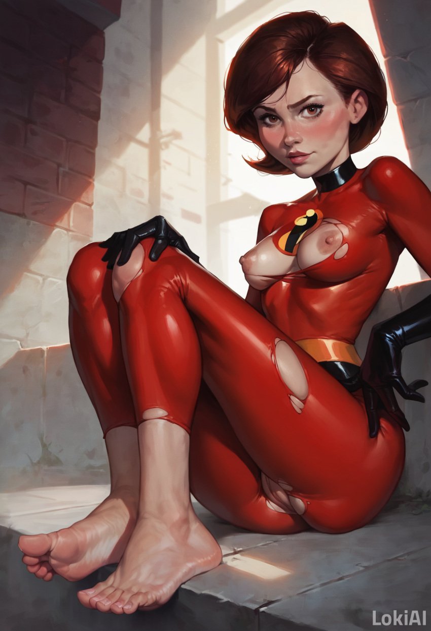 1girls ai_generated breasts breasts_out brown_hair elastigirl feet female female_focus female_only foot_fetish helen_parr latex_gloves legs_together legs_up lokiai looking_at_viewer mommy partially_clothed partially_clothed_female partially_nude pussy red_clothing seductive short_hair sitting smirking smirking_at_viewer solo solo_female spandex stable_diffusion superhero the_incredibles toes torn_clothes torn_clothing vagina