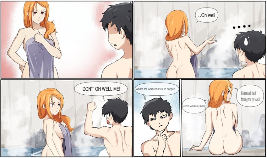 1boy 1girls _e_v_o_n_0 ass bath black_hair comic female male naked natsuki_subaru orange_hair priscilla_barielle re:zero_kara_hajimeru_isekai_seikatsu red_eyes tagme towel