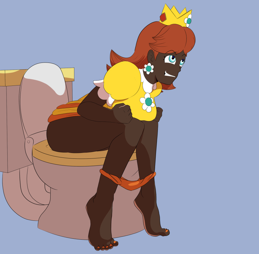 1girls blue_eyes crown dark_skin dark_skinned_female earring female_only happy mario_(series) orange_nail_polish orange_nails orange_panties orange_toenail_polish orange_toenails orange_topwear panties panties_down princess_daisy red_hair relief smile smiling toilet toilet_use