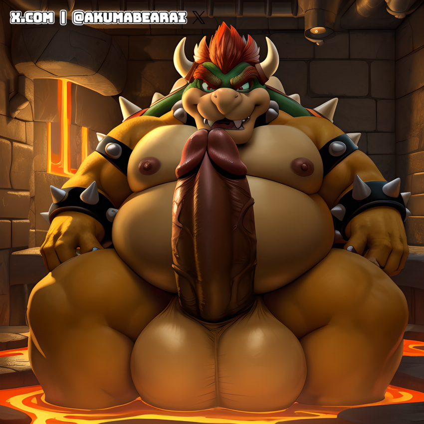 1boy 1male 2024 ai_generated akumabearai anthro balls big_balls big_penis bowser claws dilf erection fat genitals green_shell grin hair hi_res horn huge_balls huge_cock humanoid_genitalia humanoid_penis hyper hyper_balls hyper_genitalia koopa lava looking_at_viewer male male_only mario_(series) mature mature_male musclegut navel nintendo nipples nude obese obese_anthro obese_male open_mouth overweight overweight_anthro overweight_male penile penis precum red_eyebrows red_eyes red_hair scales scalie self_upload shell sitting smile solo solo_focus solo_male spiked_bracelet spiked_cock_ring spiked_collar spiked_shell stable_diffusion stone_floor stone_wall thick_eyebrows twitter_username veiny_penis