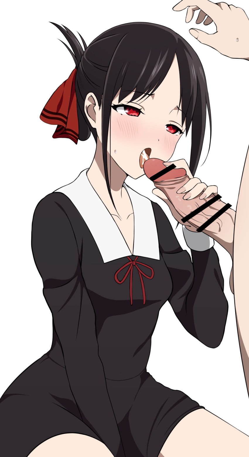 1boy 1girls accurate_art_style bar_censor black_dress black_hair blush breasts censored collarbone coro_fae cum cum_in_mouth cum_on_tongue dress fellatio female highres human kaguya-sama_wa_kokurasetai_~tensai-tachi_no_renai_zunousen~ long_sleeves male official_style oral parted_bangs penis red_eyes red_ribbon ribbon school_uniform shinomiya_kaguya short_hair shuuchiin_academy_school_uniform small_breasts solo_focus straight veins veiny_penis