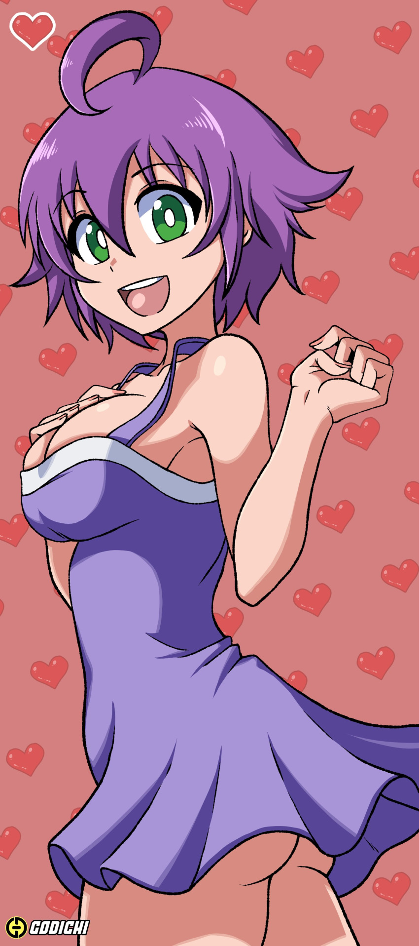 1girls artist_name ass big_ass breasts busty cleavage dress female female_only from_side green_eyes hand_on_own_chest heart large_breasts legs looking_at_viewer no_panties open_mouth original purple_hair sensual sideboob sleeveless sleeveless_dress smile solo thick_thighs thighs yukino_akaihi yukino_memories