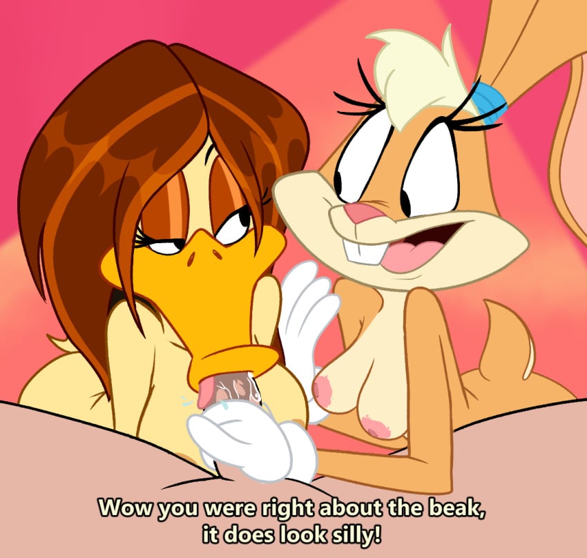 anatid anseriform avian bird breasts clothing duck english_text fellatio female genitals gloves group group_sex handwear human impstripe lagomorph leporid lola_bunny looney_tunes male male/female mammal nipples nude oral partial_male penile penis rabbit red_background sex simple_background text the_looney_tunes_show threesome tina_russo trio warner_brothers white_clothing white_gloves white_handwear