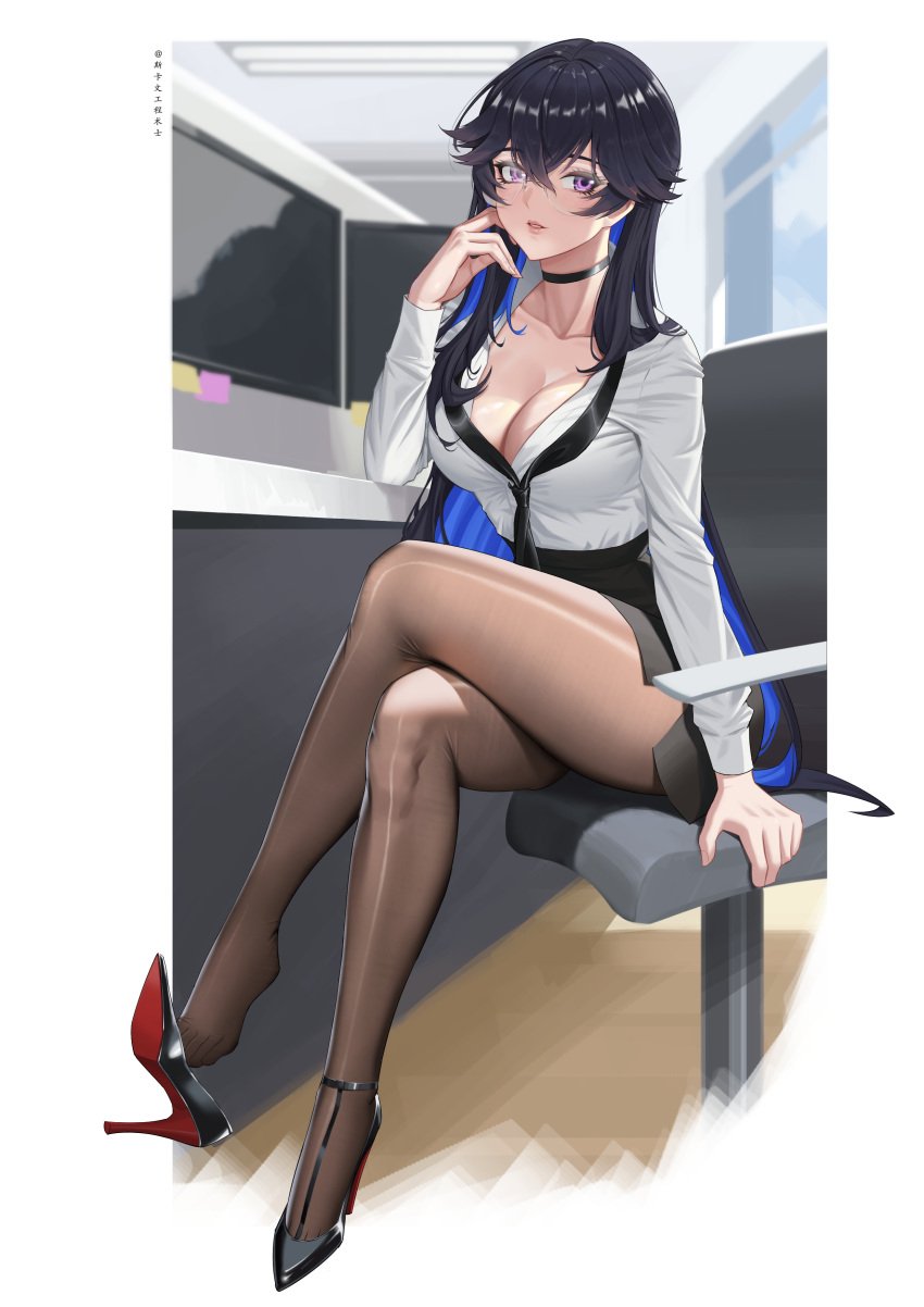 1girls black_hair blue_hair blush choker cleavage computer crossed_legs dress feet full_body lipstick office_chair office_clothing office_lady pantyhose punishing:_gray_raven purple_eyes secretary selena_(punishing:_gray_raven) solo sweat thick_thighs tie