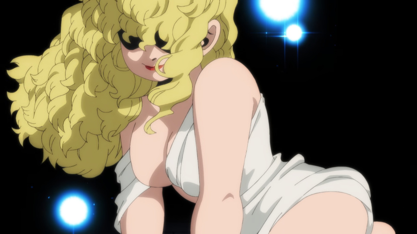 1girls bent_over blonde_hair boob_out breast_out breasts clothed_female delicious_in_dungeon dungeon_meshi episode_23 female female_focus female_only hair_covering_eye official_art official_style open_clothes red_lipstick screencap screenshot tits_out