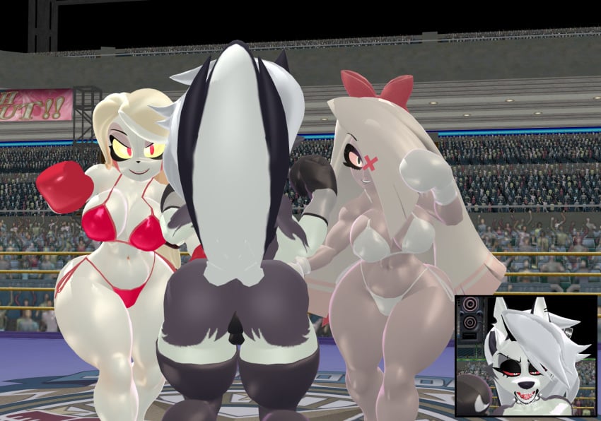 2v1 3d 3d_(artwork) 3girls anthro arena ass belmont-01 big_ass big_breasts big_butt big_thighs bikini black_boxing_gloves black_gloves boxing boxing_gloves boxing_match boxing_ring breasts butt catfight charlie_morningstar_(hazbin_hotel) crossover double_gut_punch fat_ass female_focus female_only fight fighting fighting_ring furry gloves gut_punch hazbin_hotel hellhound helluva_boss huge_breasts indoors large_ass large_breasts loona_(helluva_boss) punch punching punching_stomach red_bikini red_boxing_gloves red_gloves stomach_punch teamwork thick thick_ass thick_butt thick_thighs thighs vaggie_(hazbin_hotel) vs white_bikini white_boxing_gloves white_gloves wide_hips wolf_girl wolf_humanoid