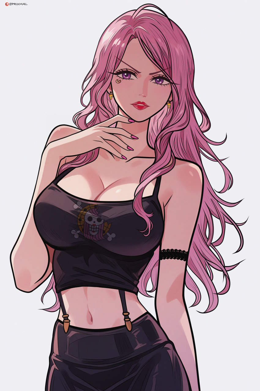 1girls aged_up bare_arms bare_shoulders big_breasts cleavage clothed clothing color female female_only hi_res jewelry_bonney large_breasts light-skinned_female light_skin lipstick long_hair looking_at_viewer one_piece pink_hair prixmal purple_eyes shounen_jump solo solo_female tagme