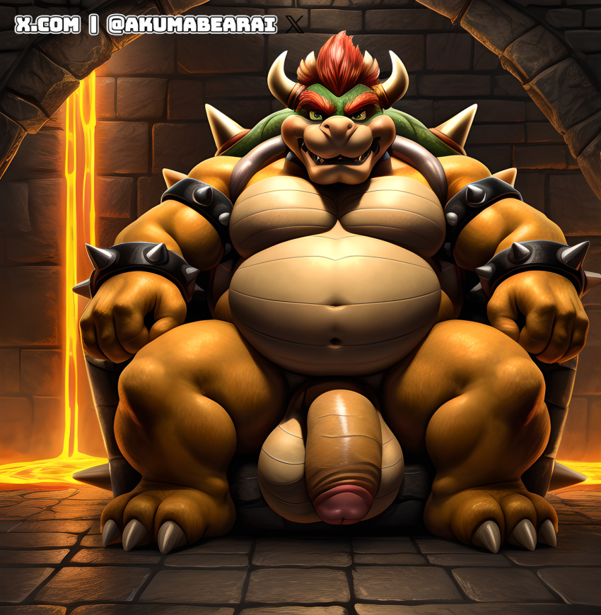 1boy 1male 2024 ai_generated akumabearai anthro balls big_balls big_penis bowser dilf flaccid flaccid_penis foreskin genitals green_shell grin hair hi_res horn huge_balls huge_cock humanoid_genitalia humanoid_penis koopa lava looking_at_viewer male male_only mario_(series) mature mature_male musclegut muscular muscular_male navel nintendo nude obese obese_anthro obese_male open_mouth overweight overweight_anthro overweight_male penile penis red_eyebrows red_hair scales scalie self_upload shell sitting smile solo solo_focus solo_male spiked_bracelet spiked_collar spiked_shell stable_diffusion stone_floor stone_wall thick_eyebrows twitter_username uncut uncut_penis