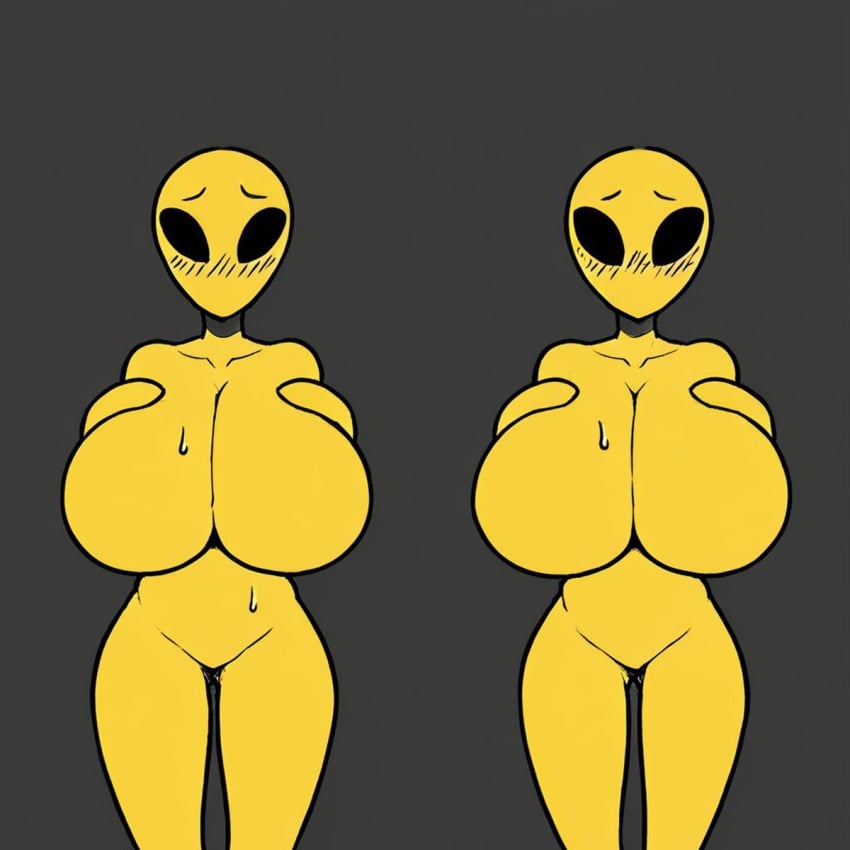 1:1 2girls ai_generated alien alien_girl alien_humanoid american_mythology bald big_breasts black_background black_eyes black_sclera blush blush_lines blushing_at_viewer breasts classic_alien cleavage completely_nude duo eyebrows featureless_breasts featureless_crotch female female_only folklore front_view hands_on_breasts hips huge_breasts humanoid ilya_efimov large_breasts mouthless mythology naked nervous no_mouth no_nipples no_pussy north_american_mythology nude nude_female nudity public_domain simple_background stable_diffusion standing sweat sweating thick thick_thighs thighs top_heavy urban_legend wide_hips yellow_body yellow_skin