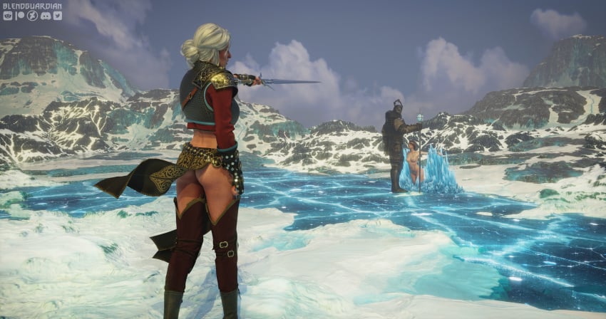 1boy 2girls 3d ass blendguardian breasts captured caranthir cerys_an_craite ciri completely_nude defeated defeated_heroine female green_eyes light-skinned_female nipples nude red_hair scar sword the_witcher_(series) the_witcher_3:_wild_hunt white_hair wild_hunt