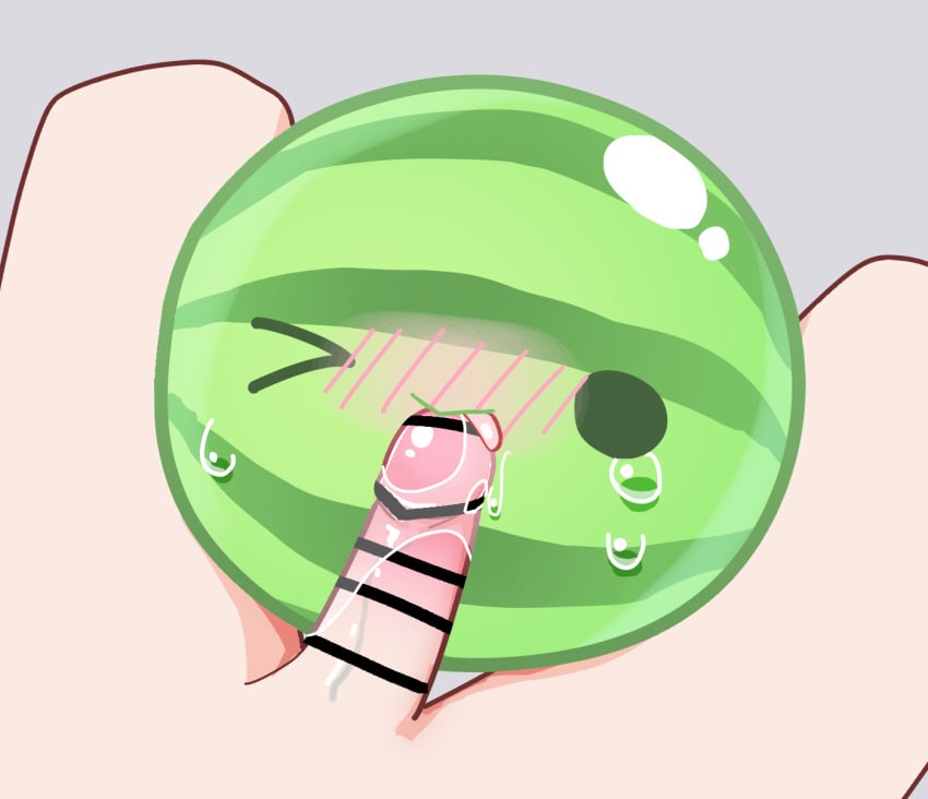 ambiguous_gender blush blush_lines bodily_fluids censored censored_genitalia censored_penis duo elemental_creature fellatio flora_fauna hi_res human living_watermelon male male/ambiguous mammal not_furry one_eye_closed oral penile plant sex suika_game tears toumei_tou waddling_head